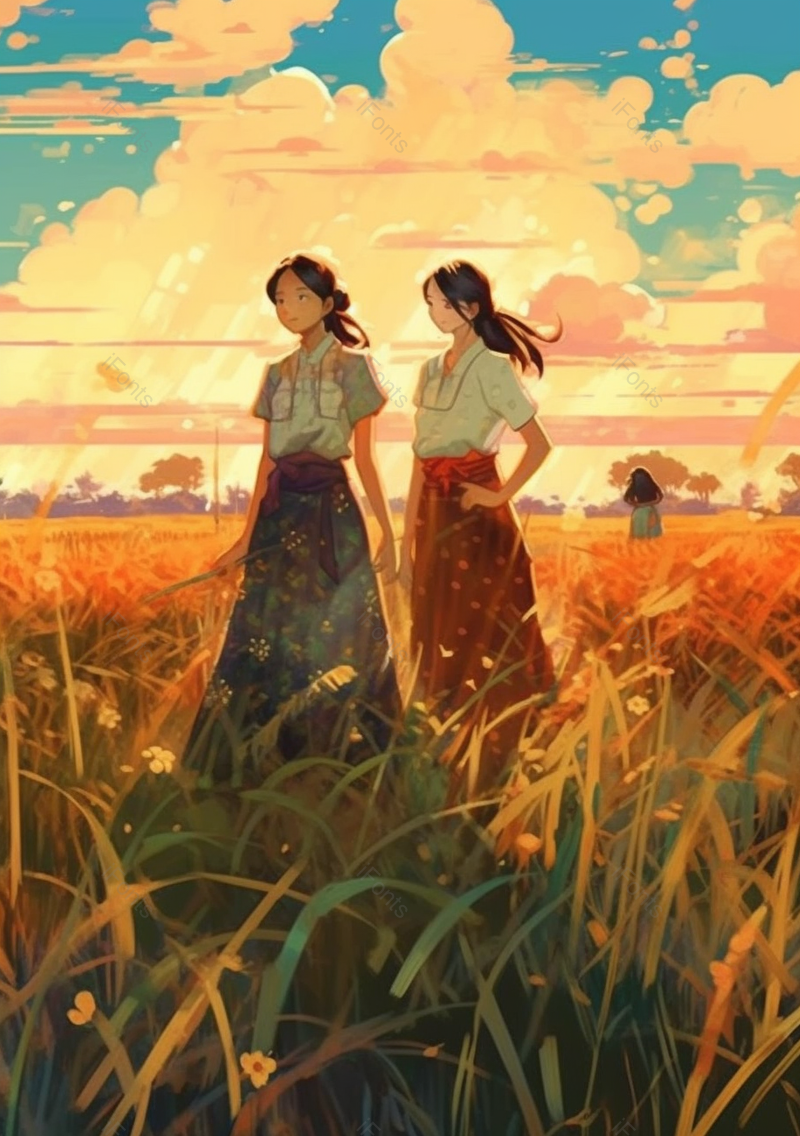 两位女孩看着成熟丰收的麦子麦田麦子背景,插画/手绘图,插画/手绘图库,插画/手绘图下载,插画/手绘